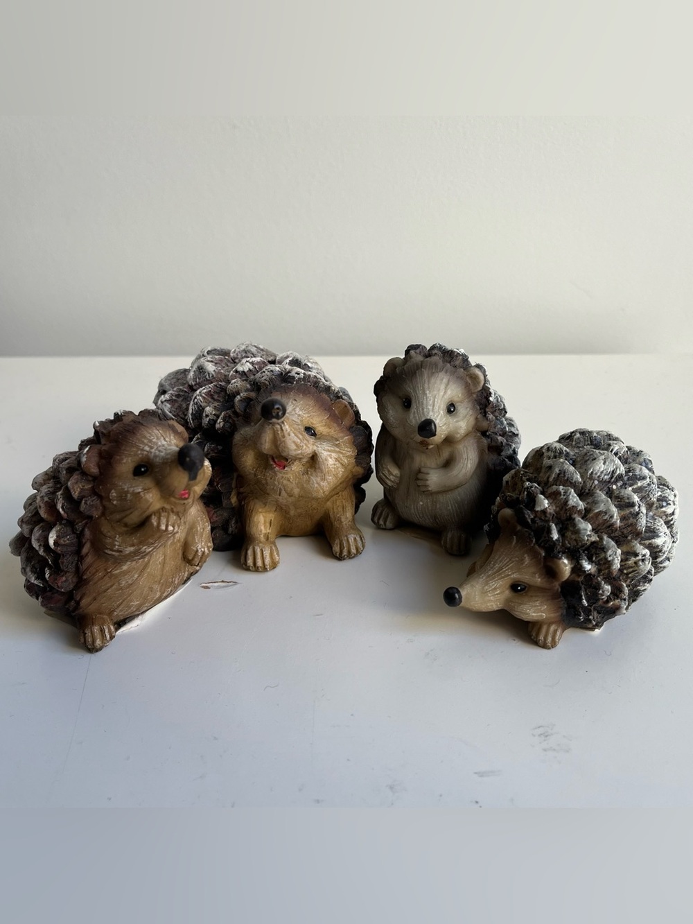 Set of 4 Hedgehog Pinecone Snowy Figurines Woodland Decor